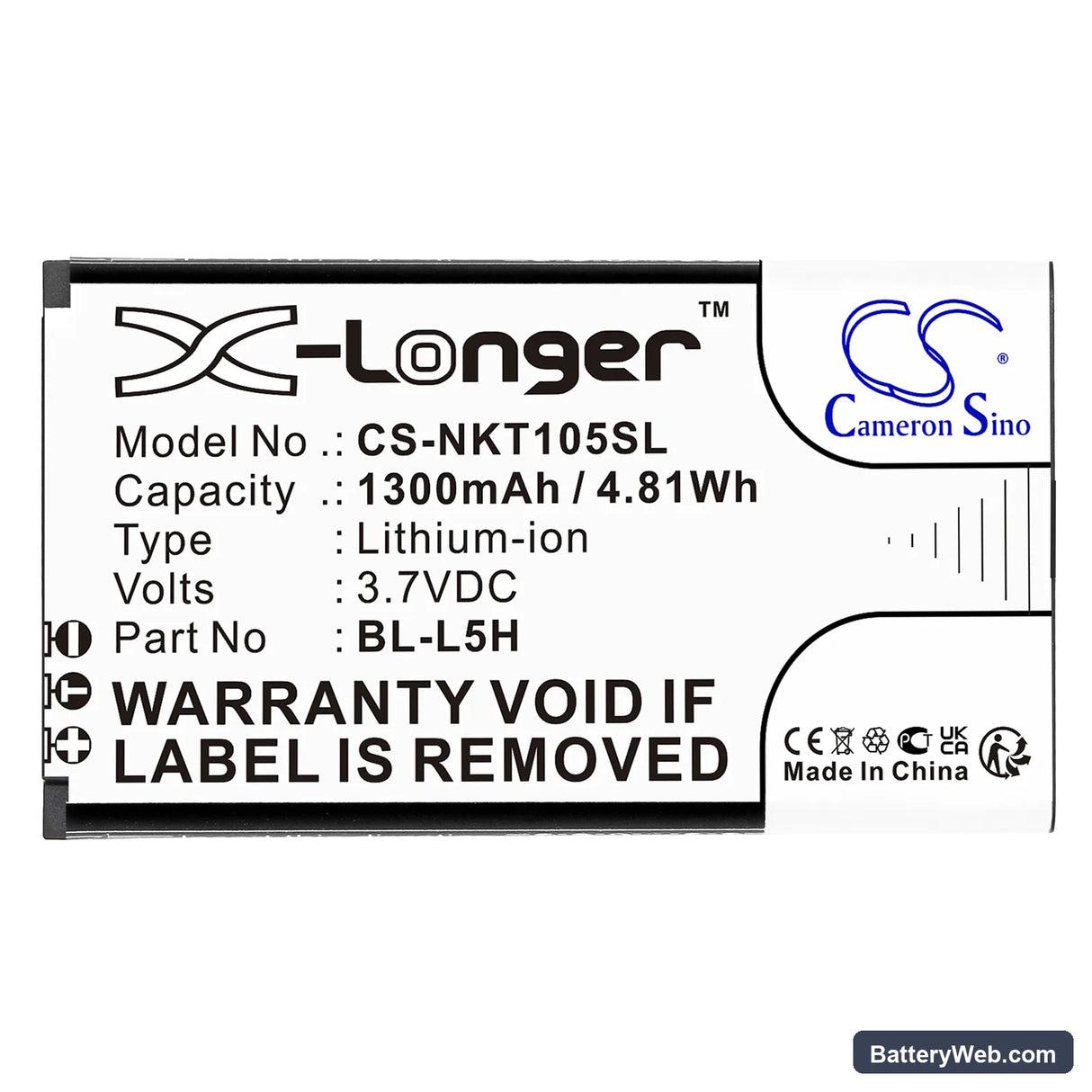 Nokia 105 2023 Replacement Battery, 3.7V, 1300mAh, Li-ion 3