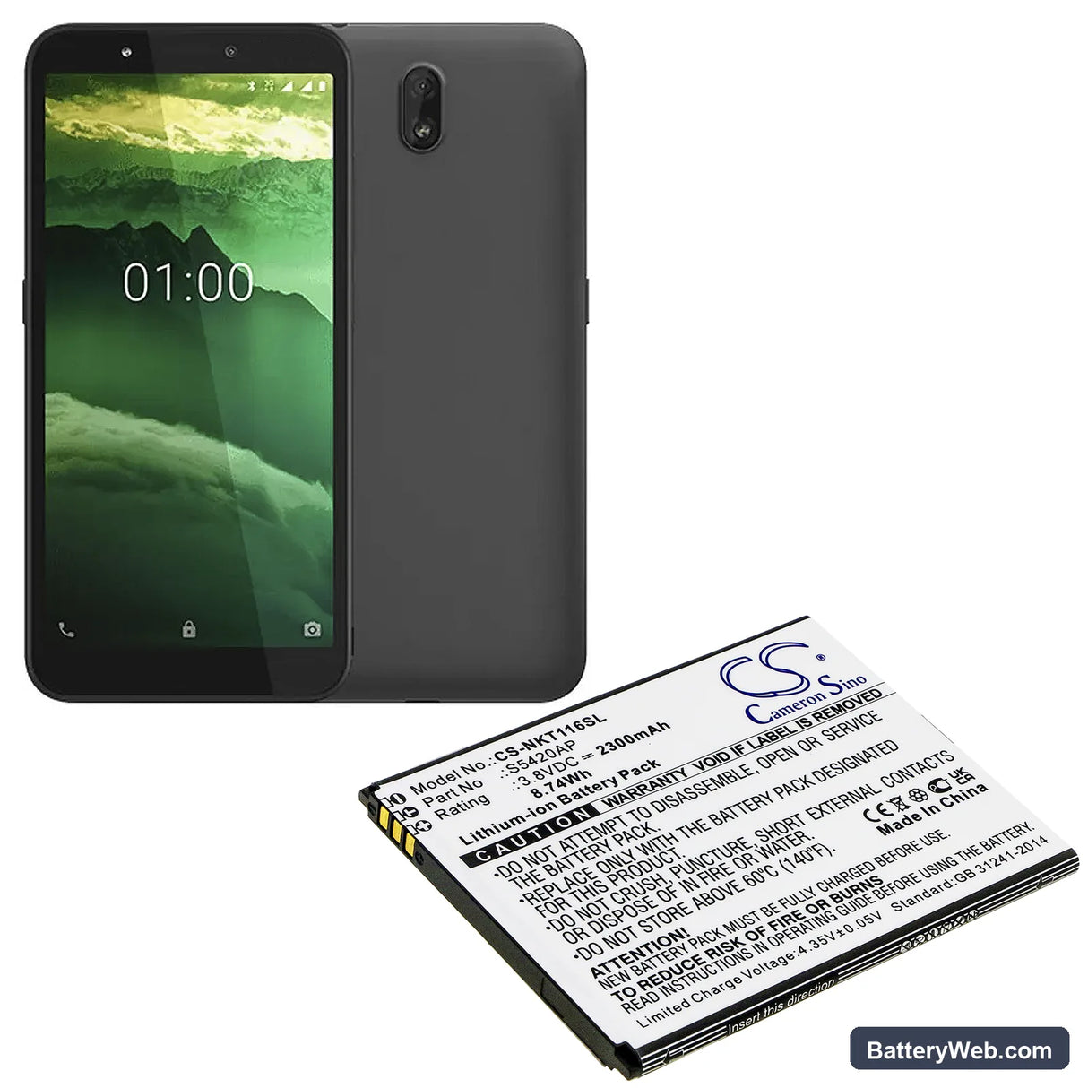 Nokia C1 2019 Replacement Battery, 3.8V, 2300mAh, Li-ion 4