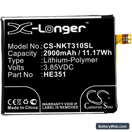 Nokia 3.1 Replacement Battery, 3.85V, 2900mAh, Li-Polymer 3
