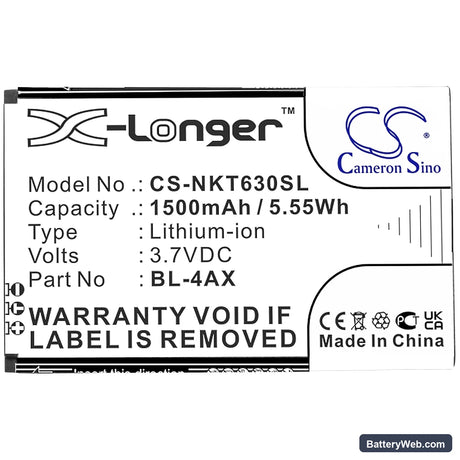 Nokia 6300 4G Replacement Battery, 3.7V, 1500mAh, Li-ion 3