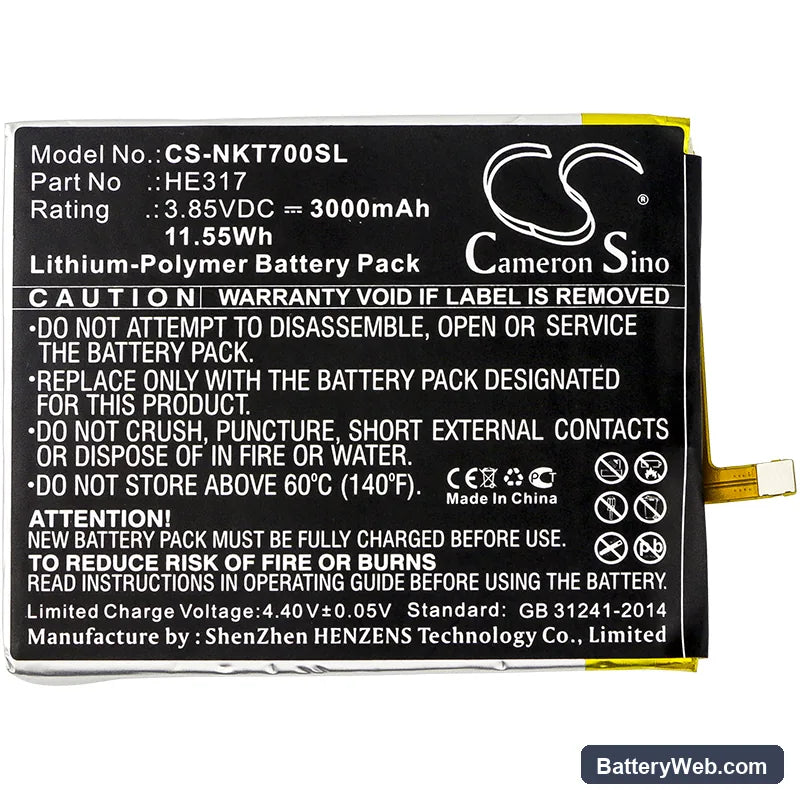 Nokia 7 Replacement Battery, 3.85V, 3000mAh, Li-Polymer 3