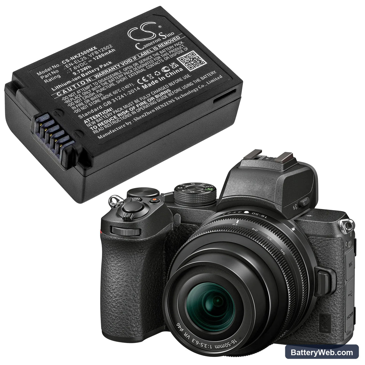 NiKon Z50 Replacement Battery, 7.6V, 1280mAh, Li-ion 6