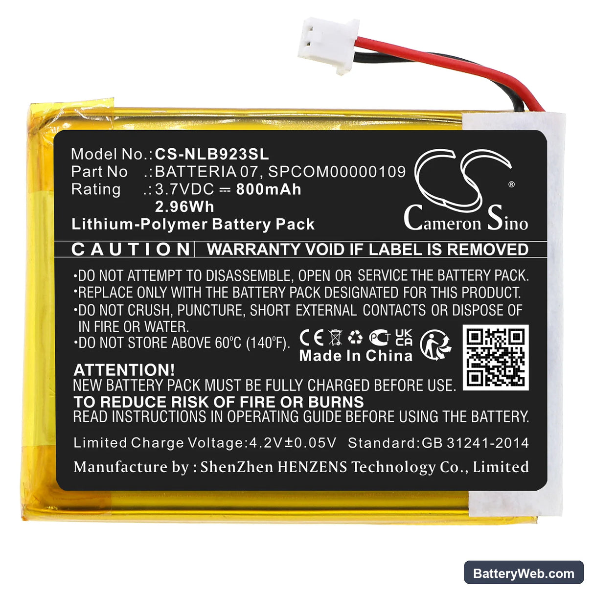 Nolan N-COM B902 L (2023) Replacement Battery, 3.7V, 800mAh, Li-Polymer 3