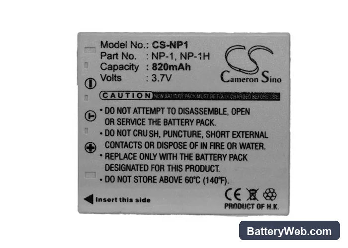 Minolta Dimage X1 Replacement Battery, 3.7V, 820mAh, Li-ion 5
