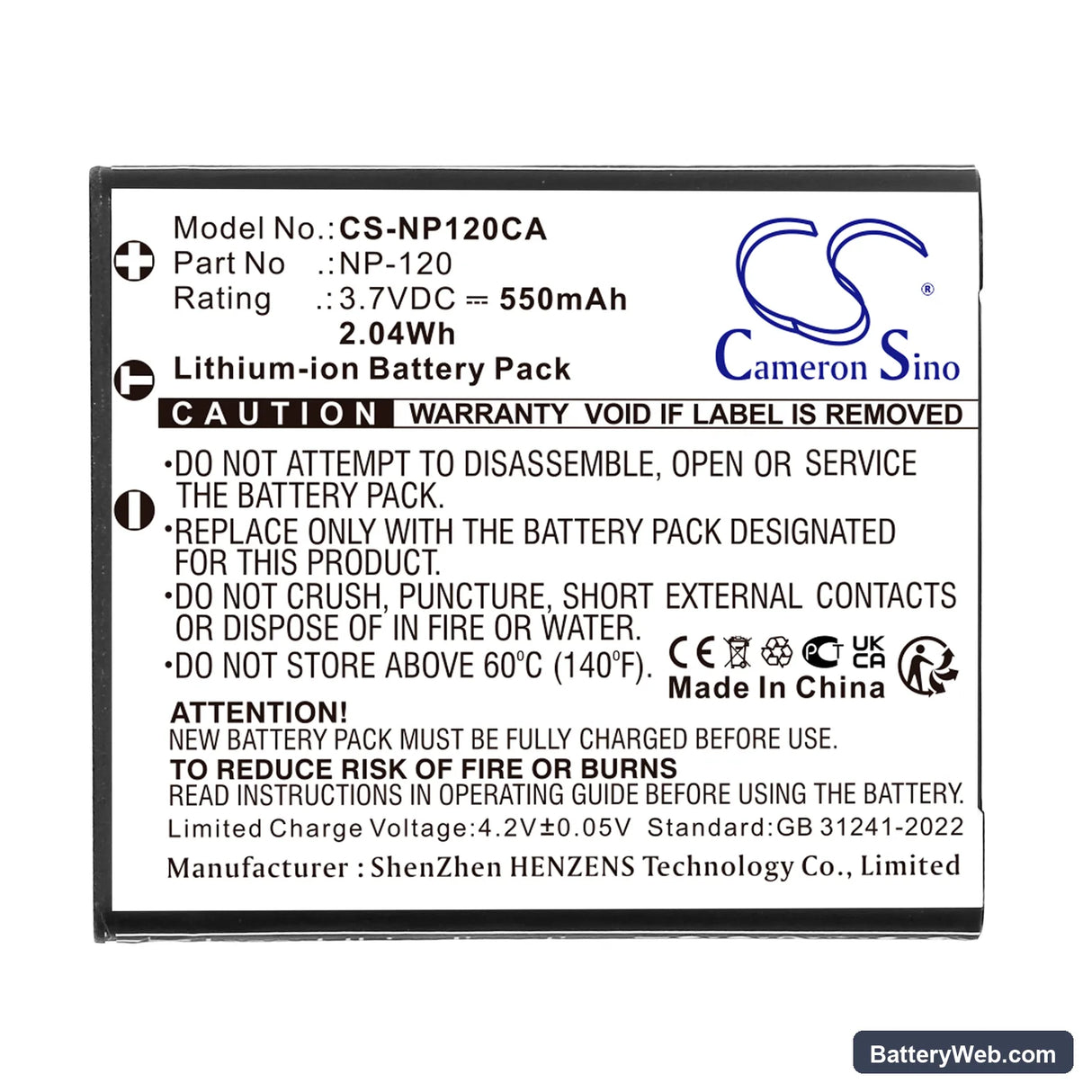 Casio Exilim EX-EX-S200BK Replacement Battery, 3.7V, 550mAh, Li-ion 3