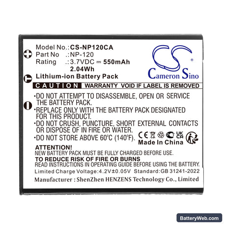 Casio Exilim EX-EX-S200BK Replacement Battery, 3.7V, 550mAh, Li-ion 3