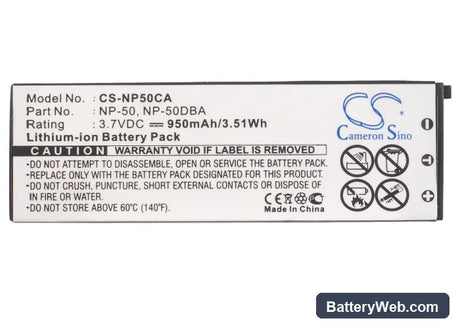 Casio Exilim EX-V8SR Replacement Battery, 3.7V, 950mAh, Li-ion 5