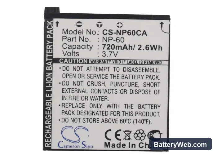 Casio Exilim Zoom EX-Z19 Replacement Battery, 3.7V, 720mAh, Li-ion 5