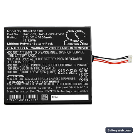 Nintendo HAC-S-JP/EU-C0 Replacement Battery, 3.7V, 3600mAh, Li-Polymer 3