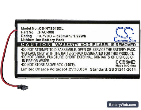 Nintendo Switch Controller Replacement Battery, 3.7V, 520mAh, Li-ion 5