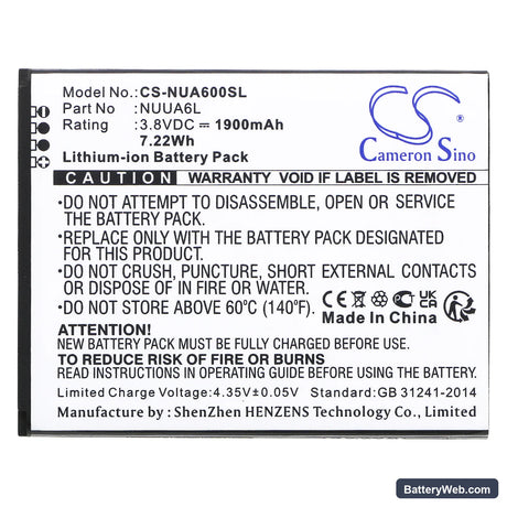 NUU A6L Replacement Battery, 3.8V, 1900mAh, Li-ion 3