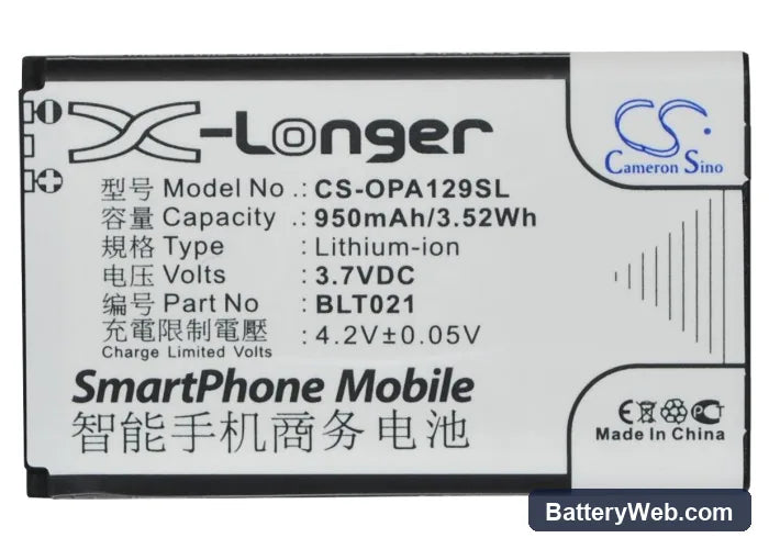 Oppo A129 Replacement Battery, 3.7V, 950mAh, Li-ion 5