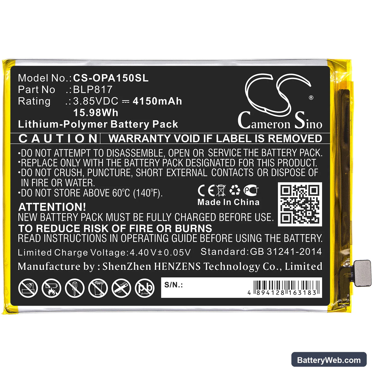 Oppo A15 Replacement Battery, 3.85V, 4150mAh, Li-Polymer 3