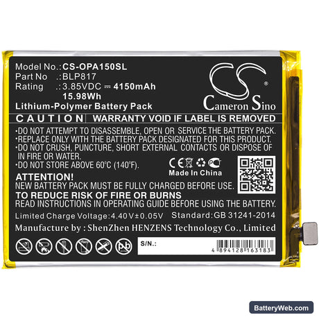 Oppo A15 Replacement Battery, 3.85V, 4150mAh, Li-Polymer 3