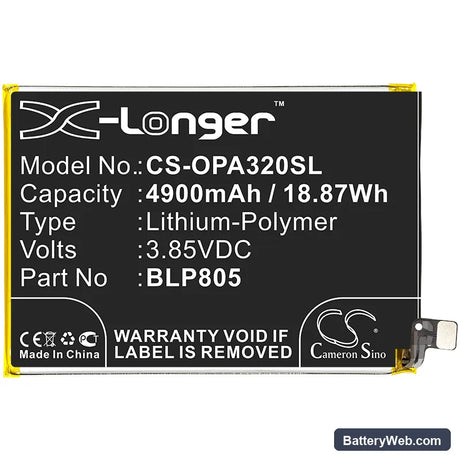 Oppo A32 Replacement Battery, 3.85V, 4900mAh, Li-Polymer 3