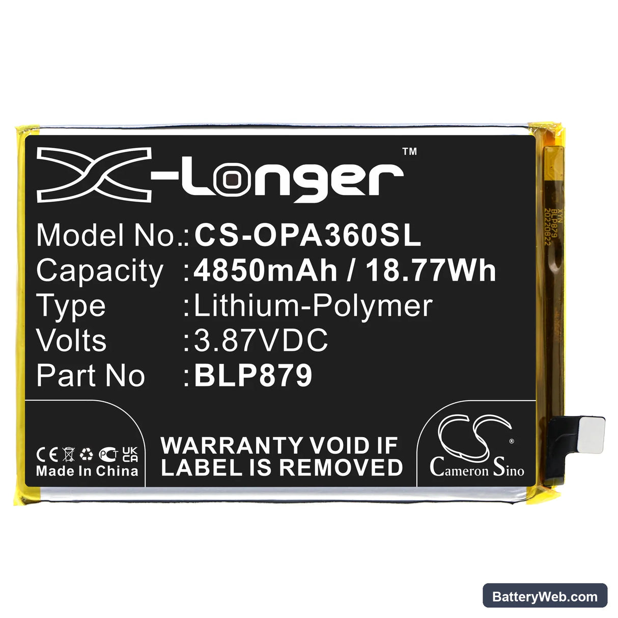Oppo A36 Replacement Battery, 3.87V, 4850mAh, Li-Polymer 3