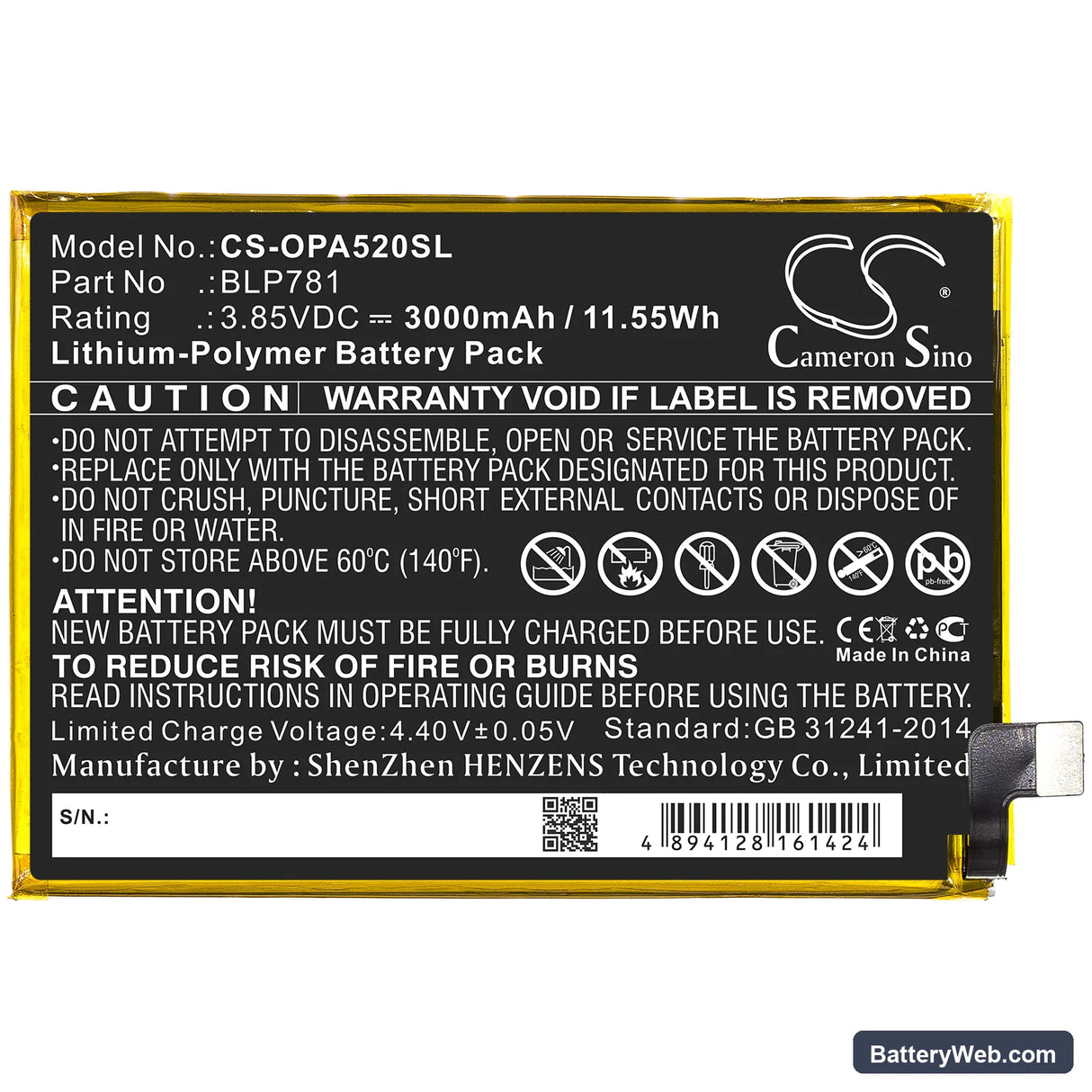Oppo A52 Replacement Battery, 3.85V, 3000mAh, Li-Polymer 3