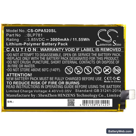 Oppo A52 Replacement Battery, 3.85V, 3000mAh, Li-Polymer 3