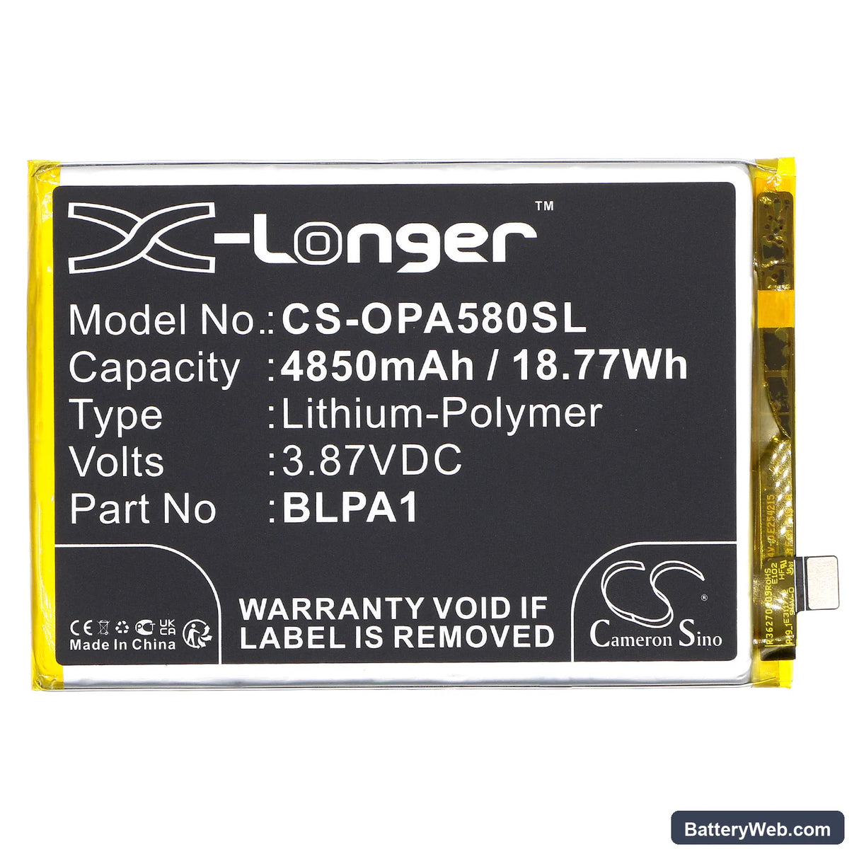 Oppo A58 Replacement Battery, 3.87V, 4850mAh, Li-Polymer 3