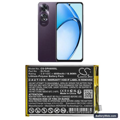 Oppo A60 4G Replacement Battery, 3.91V, 4850mAh, Li-Polymer 1
