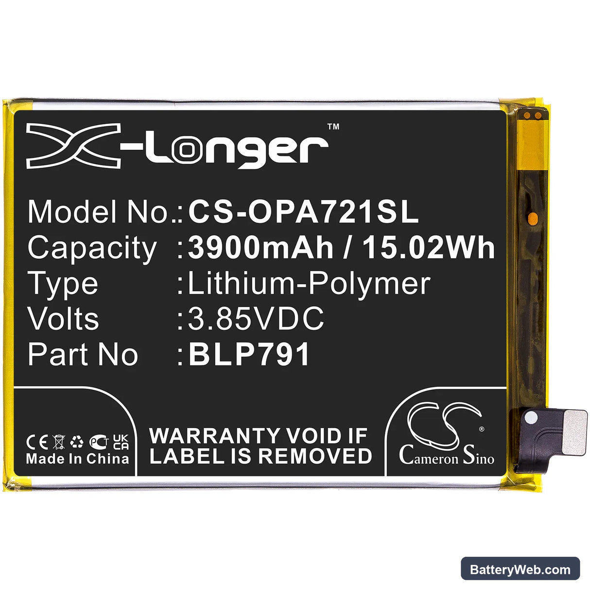 Oppo A72 5G 2020 Replacement Battery, 3.85V, 3900mAh, Li-Polymer 3
