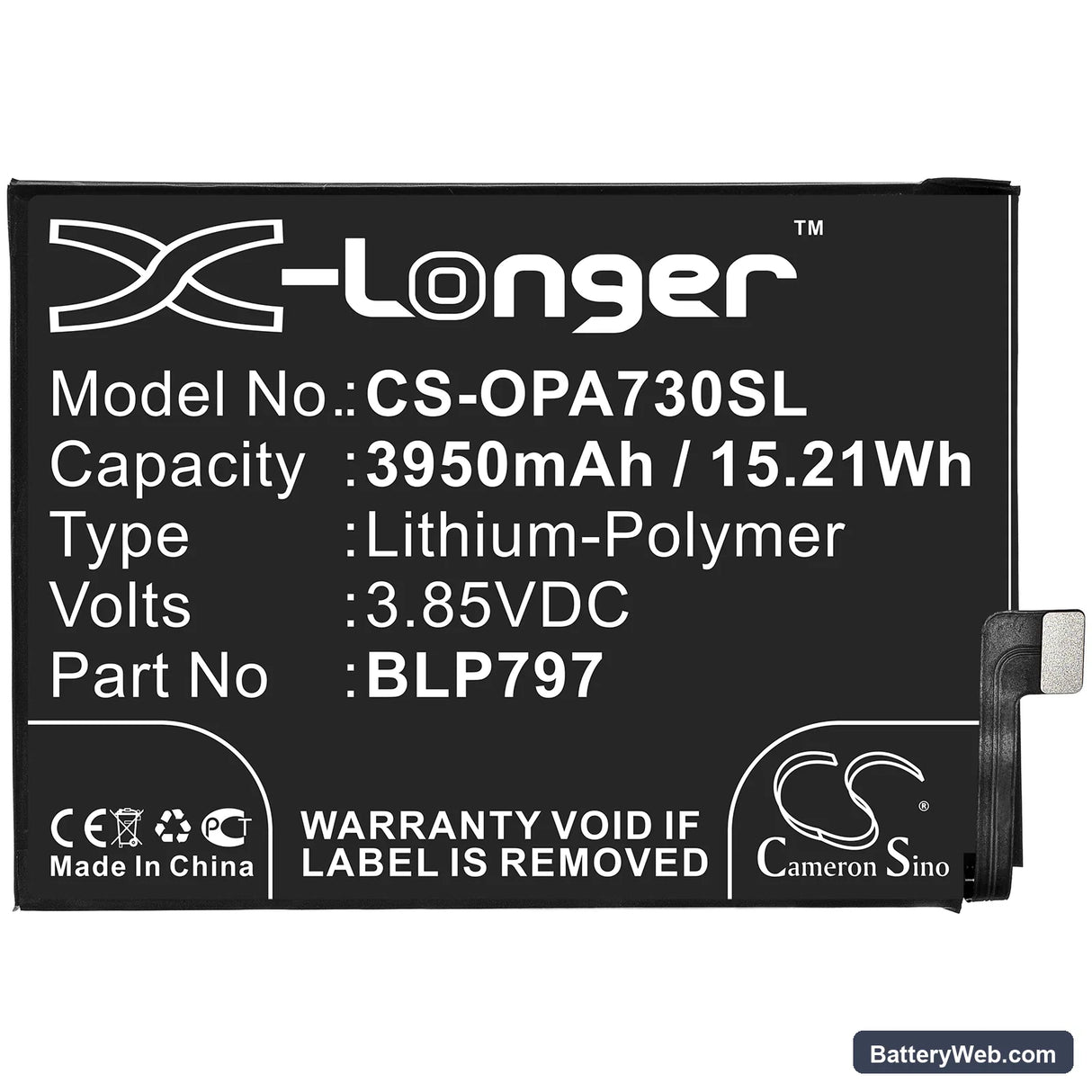 Oppo A72 5G Replacement Battery, 3.85V, 3950mAh, Li-Polymer 3