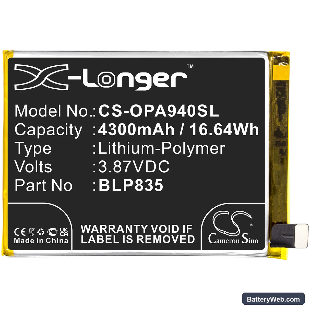 Oppo A94 Replacement Battery, 3.87V, 4300mAh, Li-Polymer 3