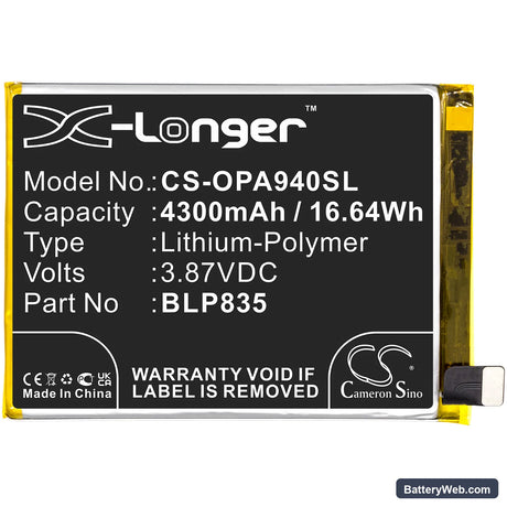 Oppo A94 Replacement Battery, 3.87V, 4300mAh, Li-Polymer 3