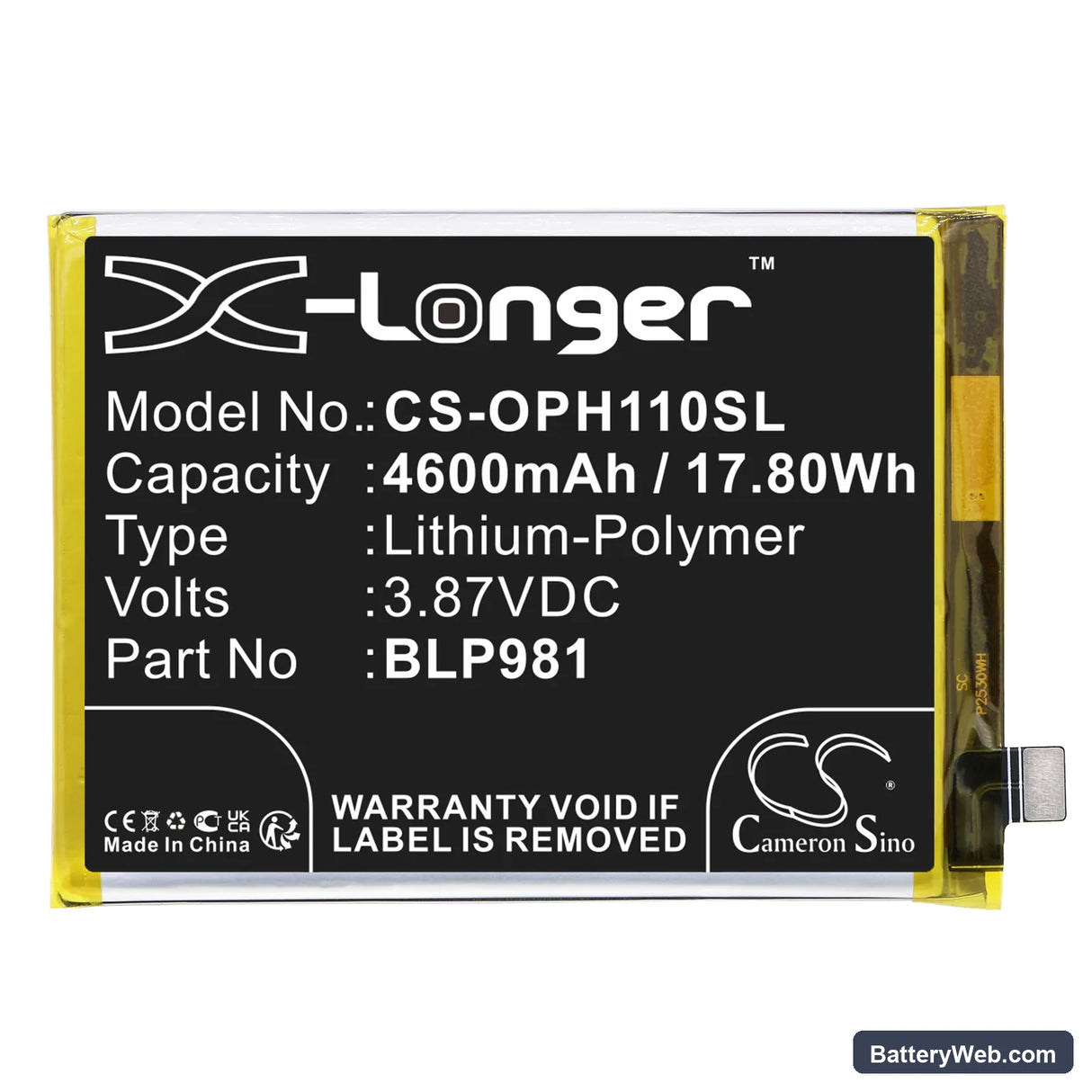 Oppo A1 Pro Replacement Battery, 3.87V, 4600mAh, Li-Polymer 3