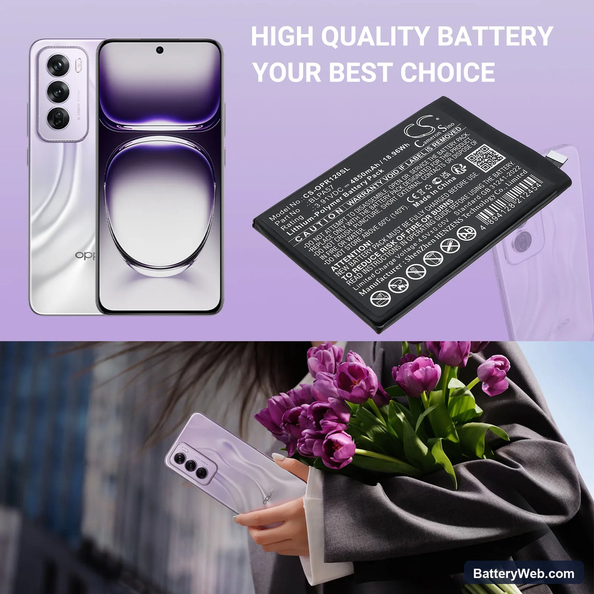Oppo CPH2629 Replacement Battery, 3.91V, 4850mAh, Li-Polymer 5