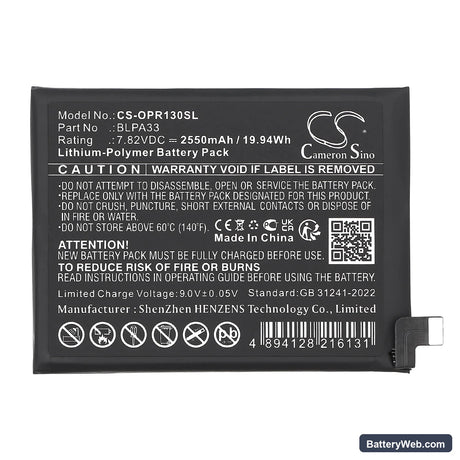 OnePlus 12R 5G Replacement Battery, 7.82V, 2550mAh, Li-Polymer 3