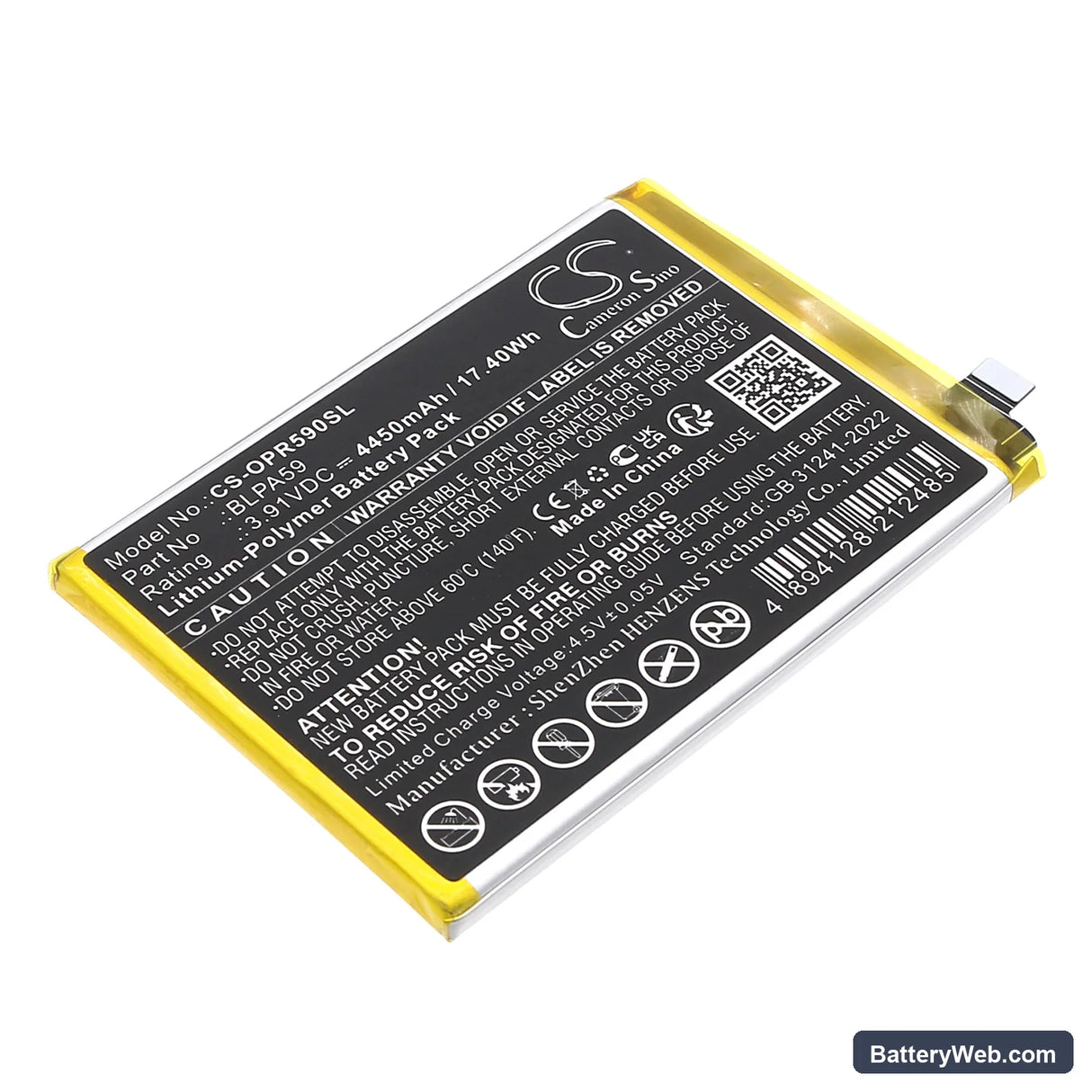 Oppo CPH2625 Replacement Battery, 3.91V, 4450mAh, Li-Polymer 1