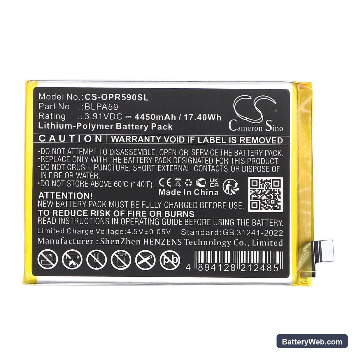 Oppo CPH2625 Replacement Battery, 3.91V, 4450mAh, Li-Polymer 3