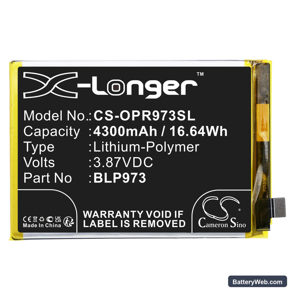 Oppo Reno9 5G Replacement Battery, 3.87V, 4300mAh, Li-Polymer 3
