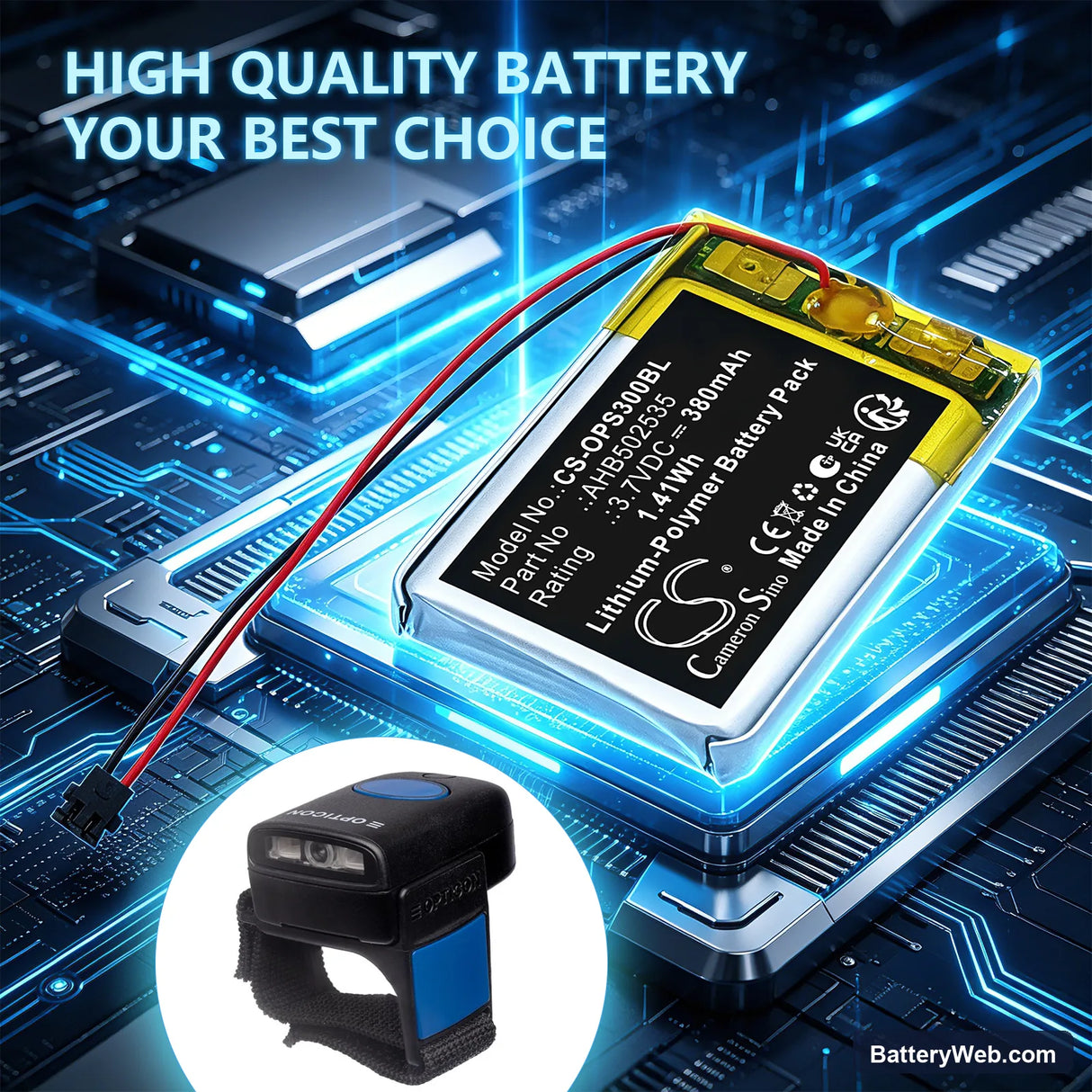 Opticon RS-3000 Replacement Battery, 3.7V, 380mAh, Li-Polymer 6