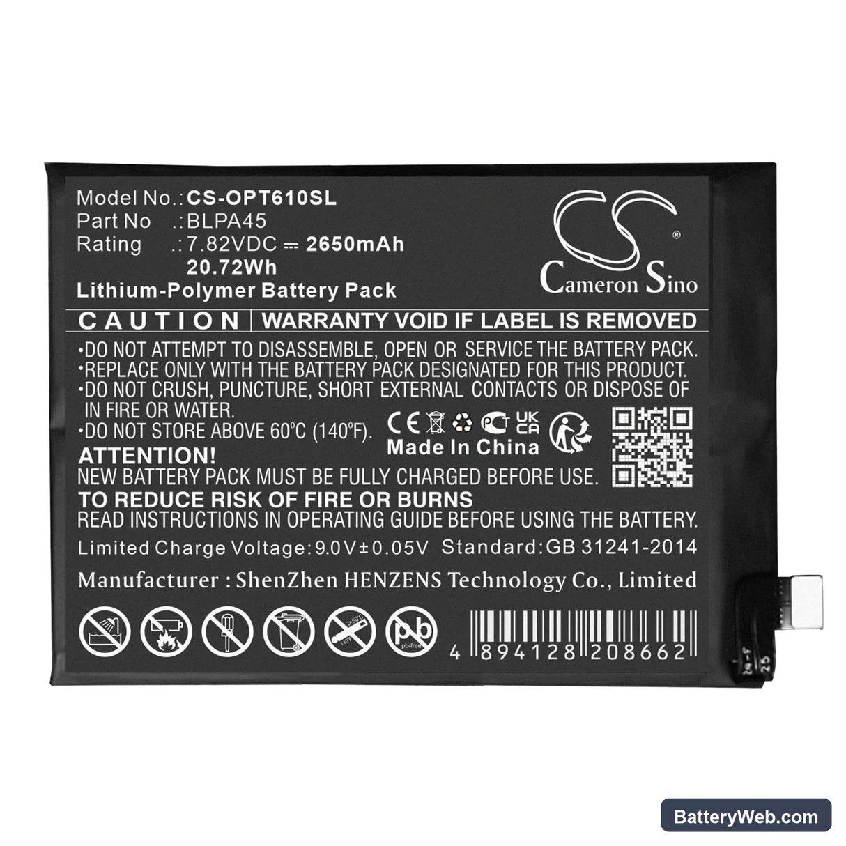 Oppo Realme GT Neo6 SE Replacement Battery, 7.82V, 2650mAh, Li-Polymer 1