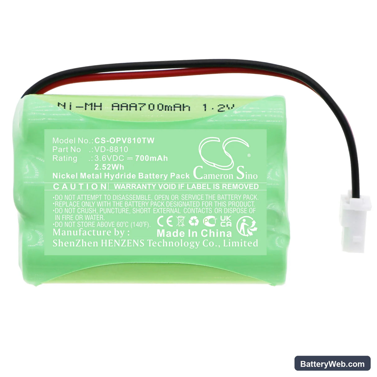 IQ America VD-8810 Replacement Battery, 3.6V, 700mAh, Ni-MH 3