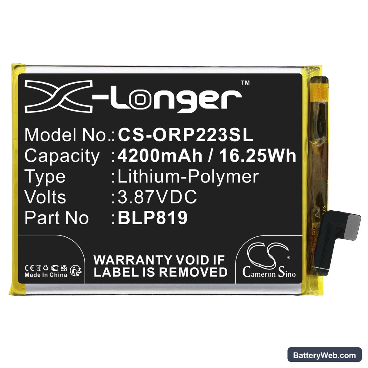 Oppo Reno6 4G Replacement Battery, 3.87V, 4200mAh, Li-Polymer 3