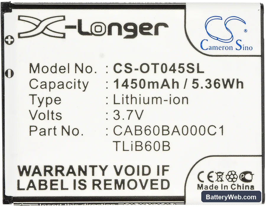 USCellular One Touch Shockwave Replacement Battery, 3.7V, 1450mAh, Li-ion 5