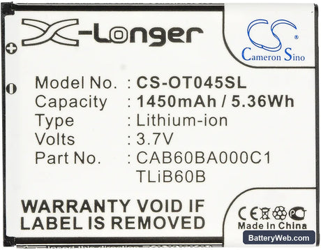 USCellular One Touch Shockwave Replacement Battery, 3.7V, 1450mAh, Li-ion 5