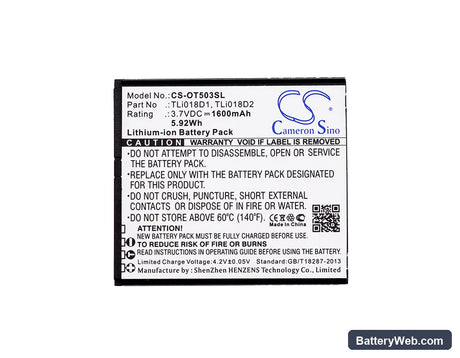 Alcatel One Touch Pop D5 Replacement Battery, 3.7V, 1600mAh, Li-ion 5