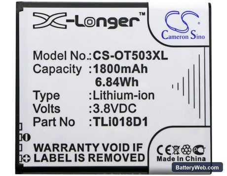 TCL One Touch Pop D5 Replacement Battery, 3.8V, 1800mAh, Li-ion 3
