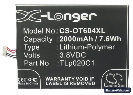 Alcatel One Touch Idol X Replacement Battery, 3.8V, 2000mAh, Li-Polymer 5