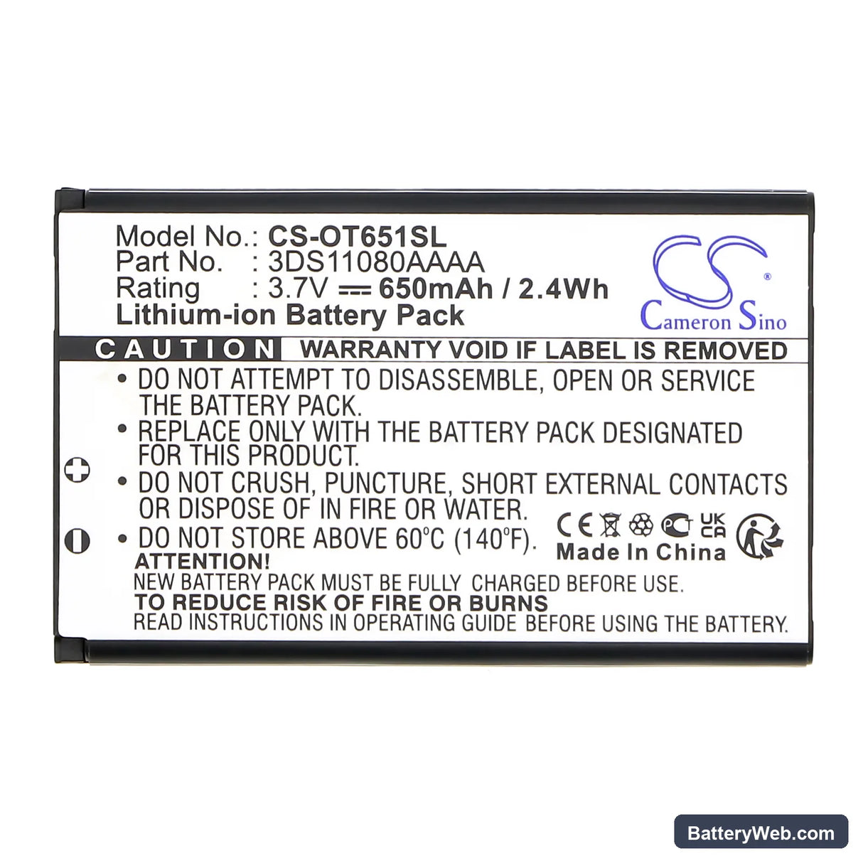 Alcatel OT-C650 Replacement Battery, 3.7V, 650mAh, Li-ion 3