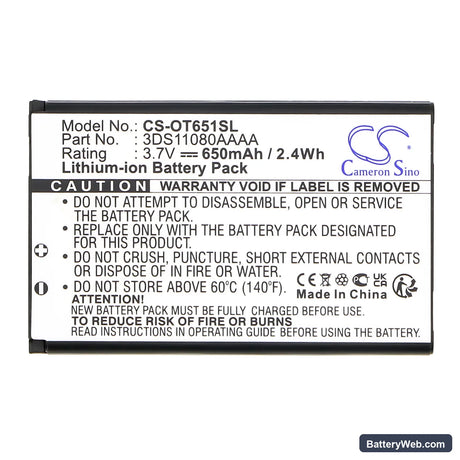 Alcatel OT-C650 Replacement Battery, 3.7V, 650mAh, Li-ion 3