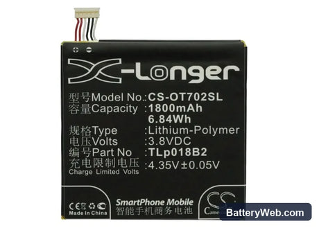 Alcatel OT-7024 Replacement Battery, 3.8V, 1800mAh, Li-Polymer 5