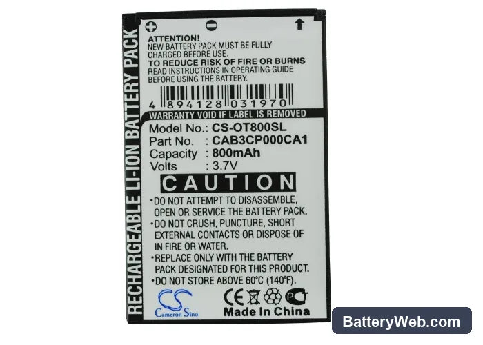 Alcatel OT-800 Replacement Battery, 3.7V, 800mAh, Li-ion 5