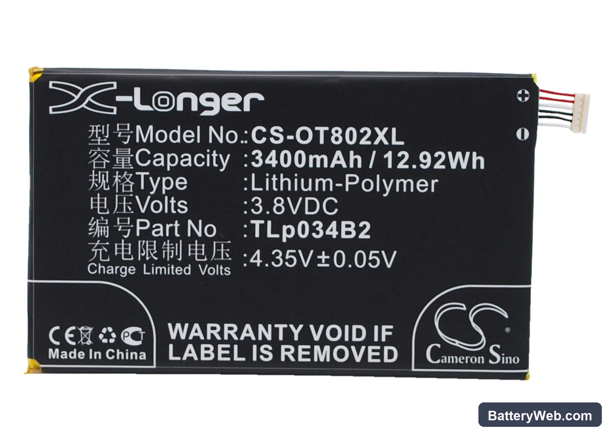 Alcatel One Touch Hero Replacement Battery, 3.8V, 3400mAh, Li-Polymer 1