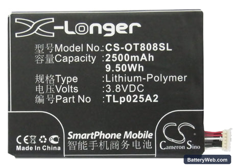 Alcatel OT-8008D Replacement Battery, 3.8V, 2500mAh, Li-Polymer 5