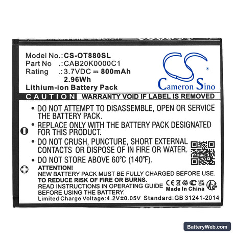 Tracfone A392 Replacement Battery, 3.7V, 800mAh, Li-ion 3